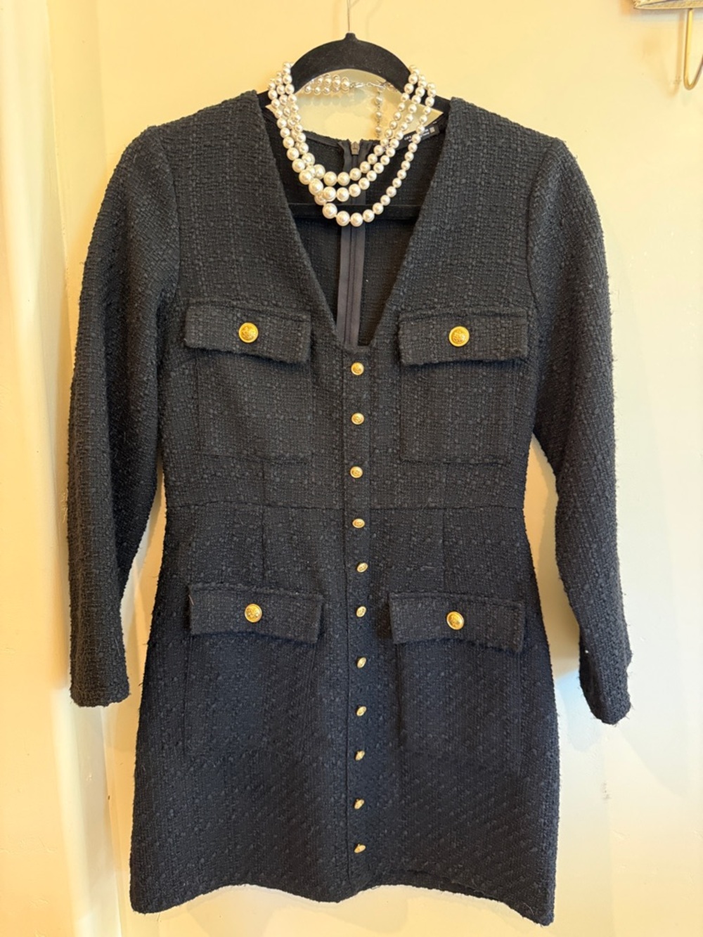 Zara Black Classic Tweed Dress Gold Buttons Jackie O Vibes Size Small S
